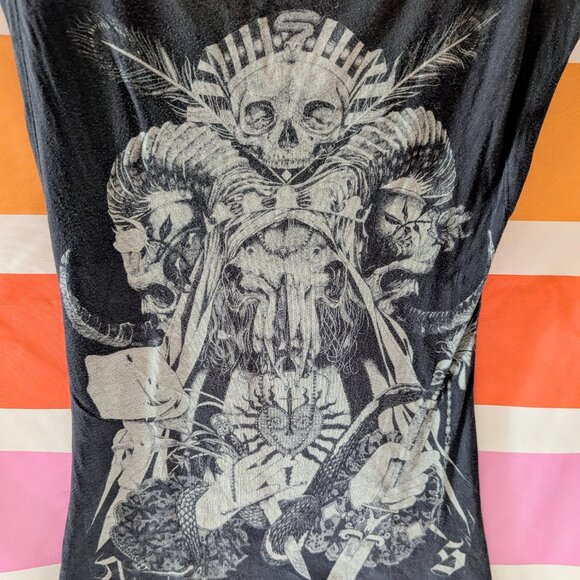 Allsaints Vintage 7 Curses Tee Gray Black Skulls Tribal Graphic Grunge Witchy 6 - Picture 5 of 12